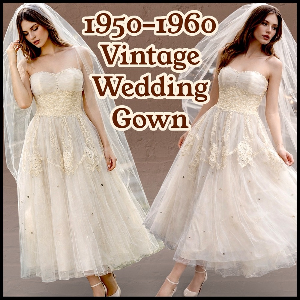 Vintage 1950s–1960s Tea Length Wedding Dress Ivory Lace Bridal Gown w Train Tag